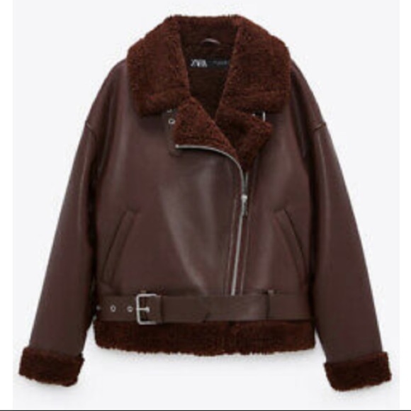 NWT. Zara Burgundy Faux Leather Double Faced Aviator Biker Jacket. Size XS. - Picture 5 of 12